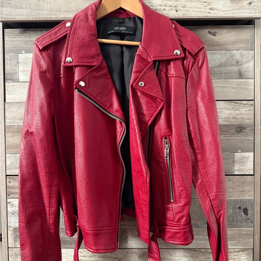 Zara Bold Faux Red Leather Jacket